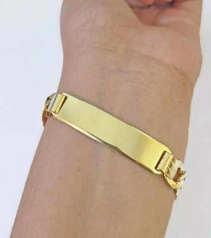 Real 10k Yellow Gold Bracelet Mens Cuban curb Link ID Name Plate Solid 13mm 9" - Reva Jeweler
