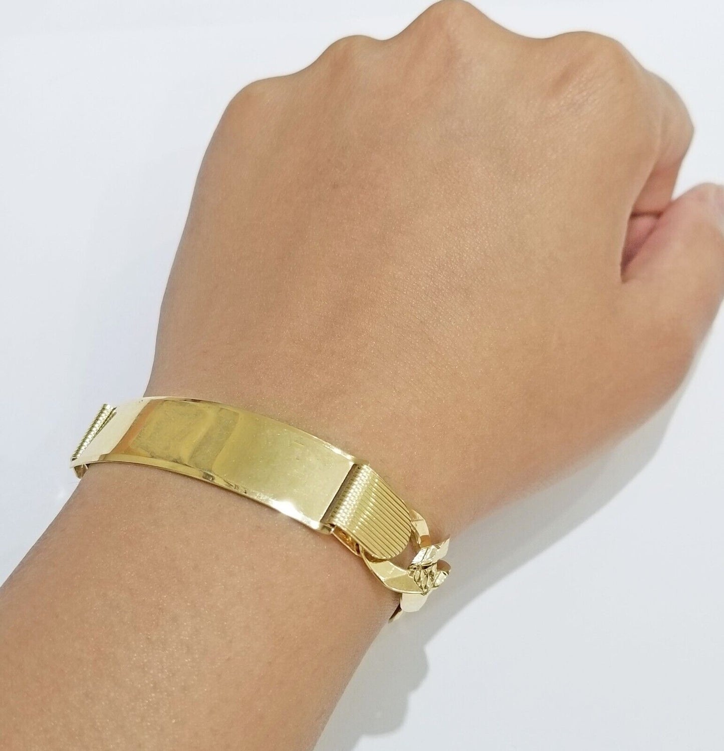 Real 10k Yellow Gold Bracelet Mens Cuban curb Link ID Name Plate Solid 13mm 9" - Reva Jeweler