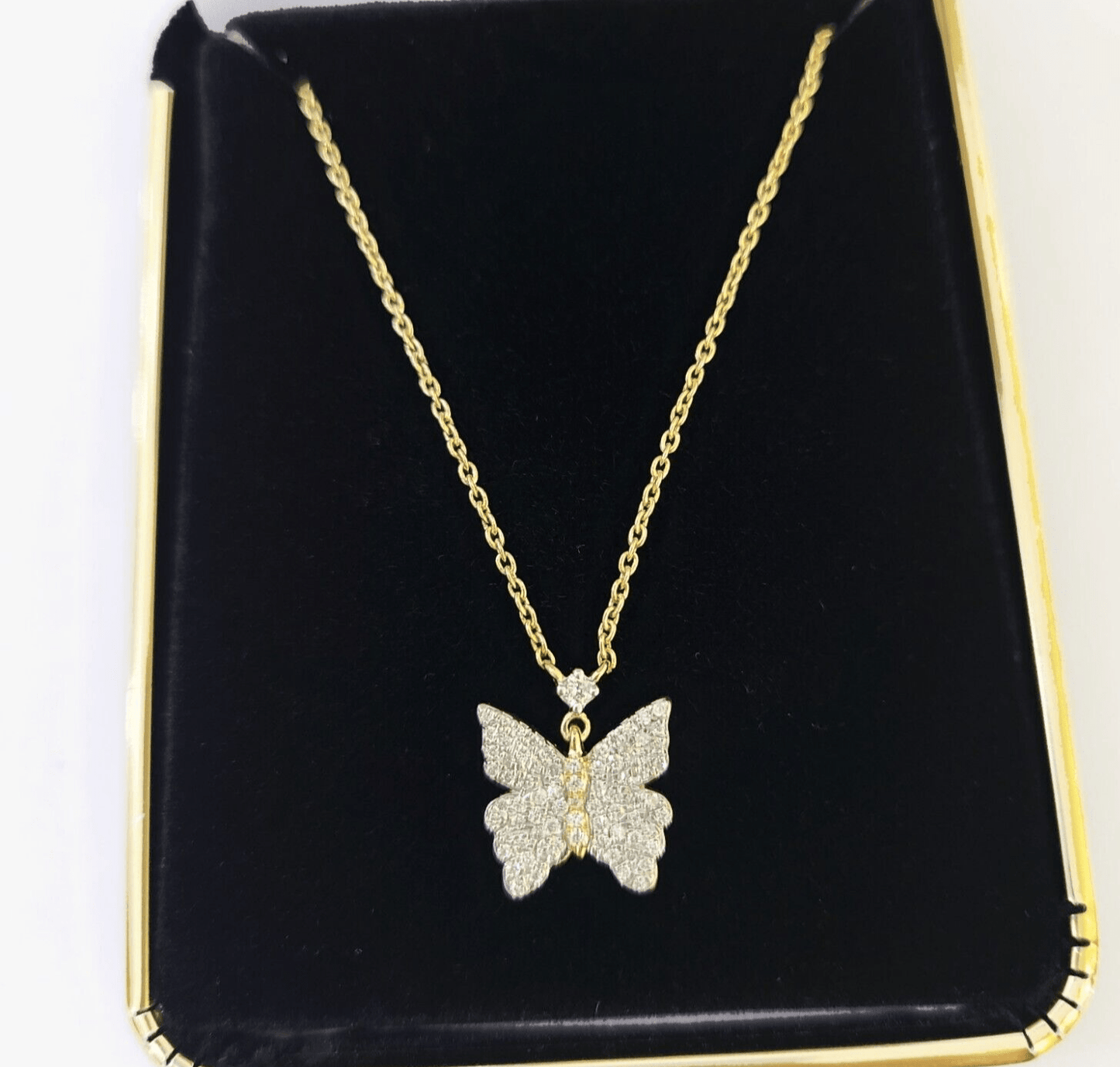 Real 10k Yellow Gold Butterfly Pendant Chain Necklace Set Women - Reva Jeweler