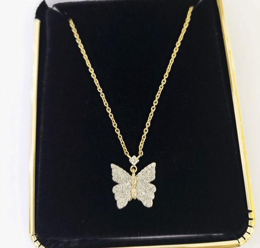 Real 10k Yellow Gold Butterfly Pendant Chain Necklace Set Women - Reva Jeweler