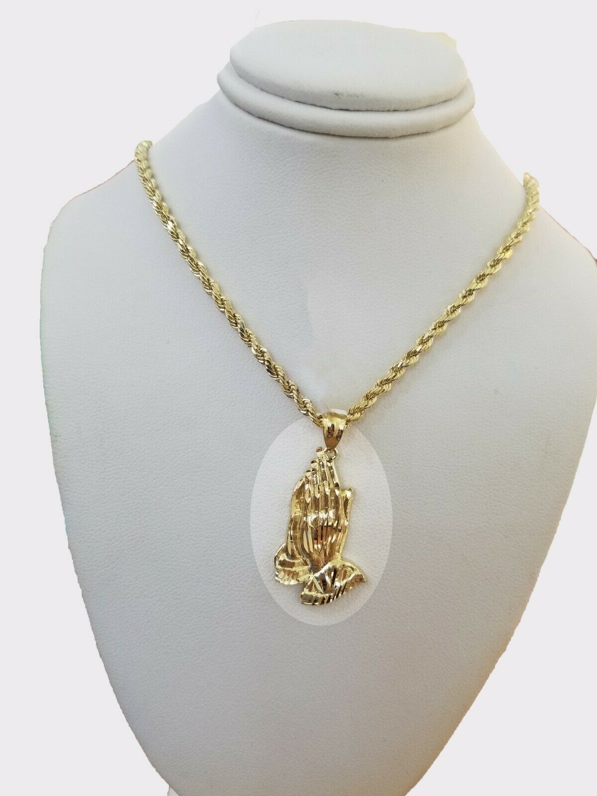 Real 10k Yellow Gold Chain 20" With Charm Praying hand pendant,3mm Rope Necklace - Reva Jeweler