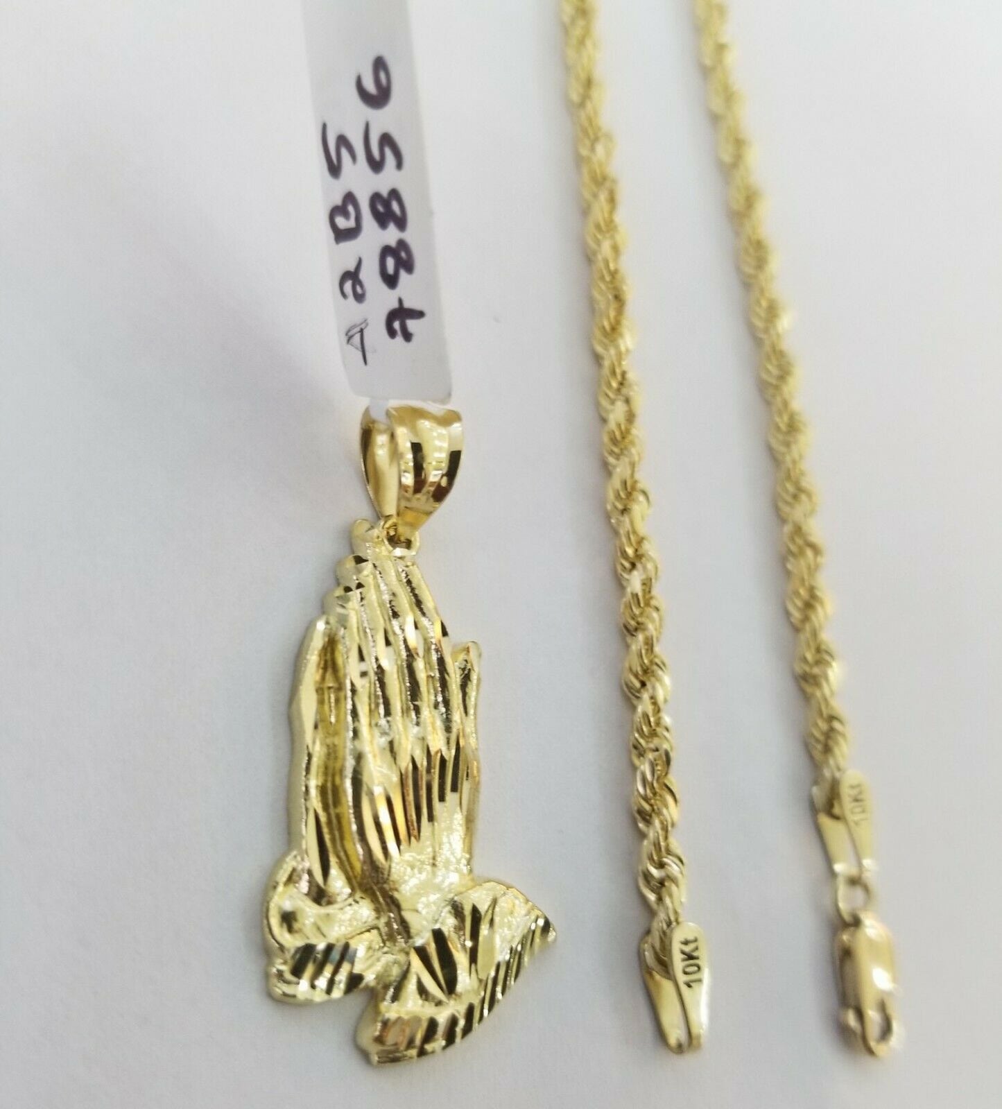Real 10k Yellow Gold Chain 20" With Charm Praying hand pendant,3mm Rope Necklace - Reva Jeweler