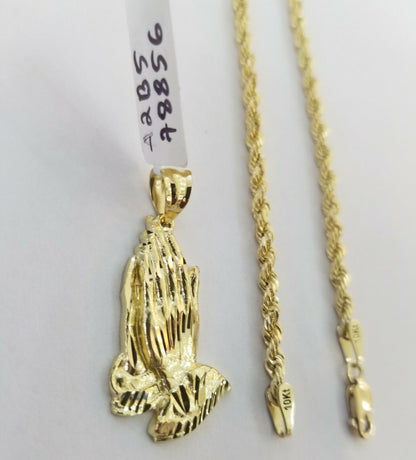 Real 10k Yellow Gold Chain 20" With Charm Praying hand pendant,3mm Rope Necklace - Reva Jeweler