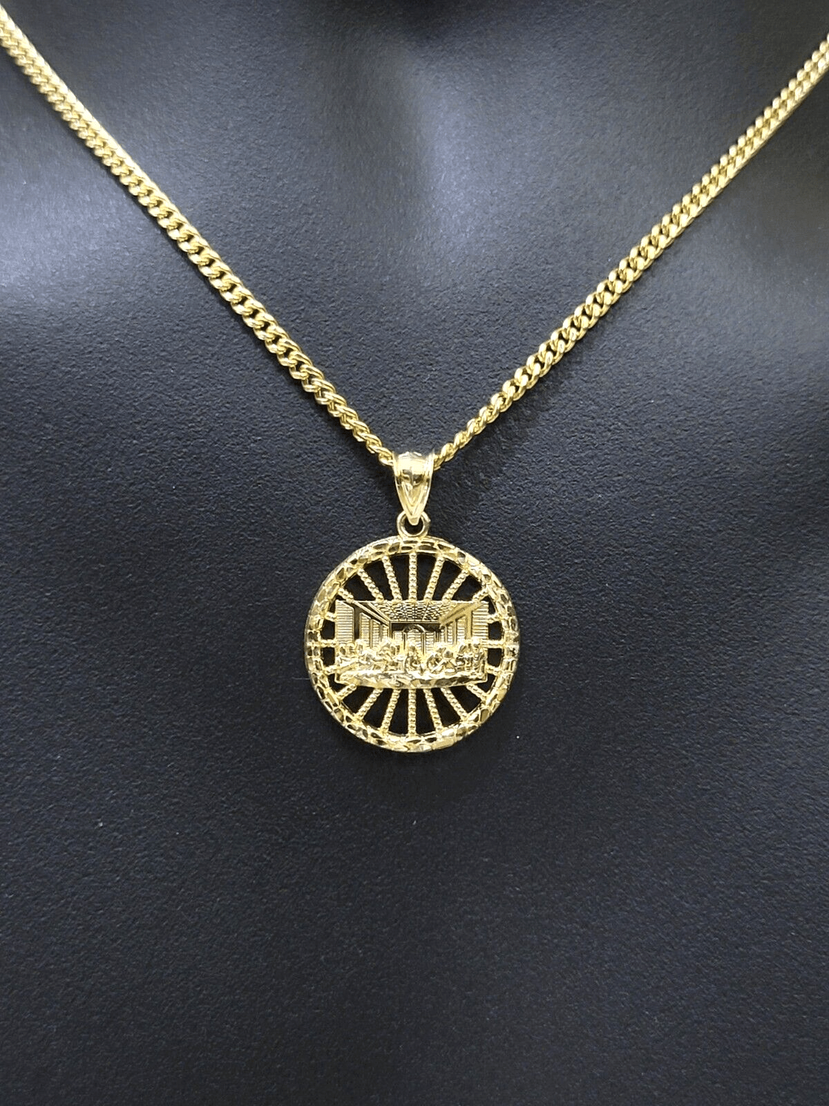 Real 10k Yellow Gold chain Charm Last supper Pendant set Miami Cuban 4mm 22 Inch - Reva Jeweler