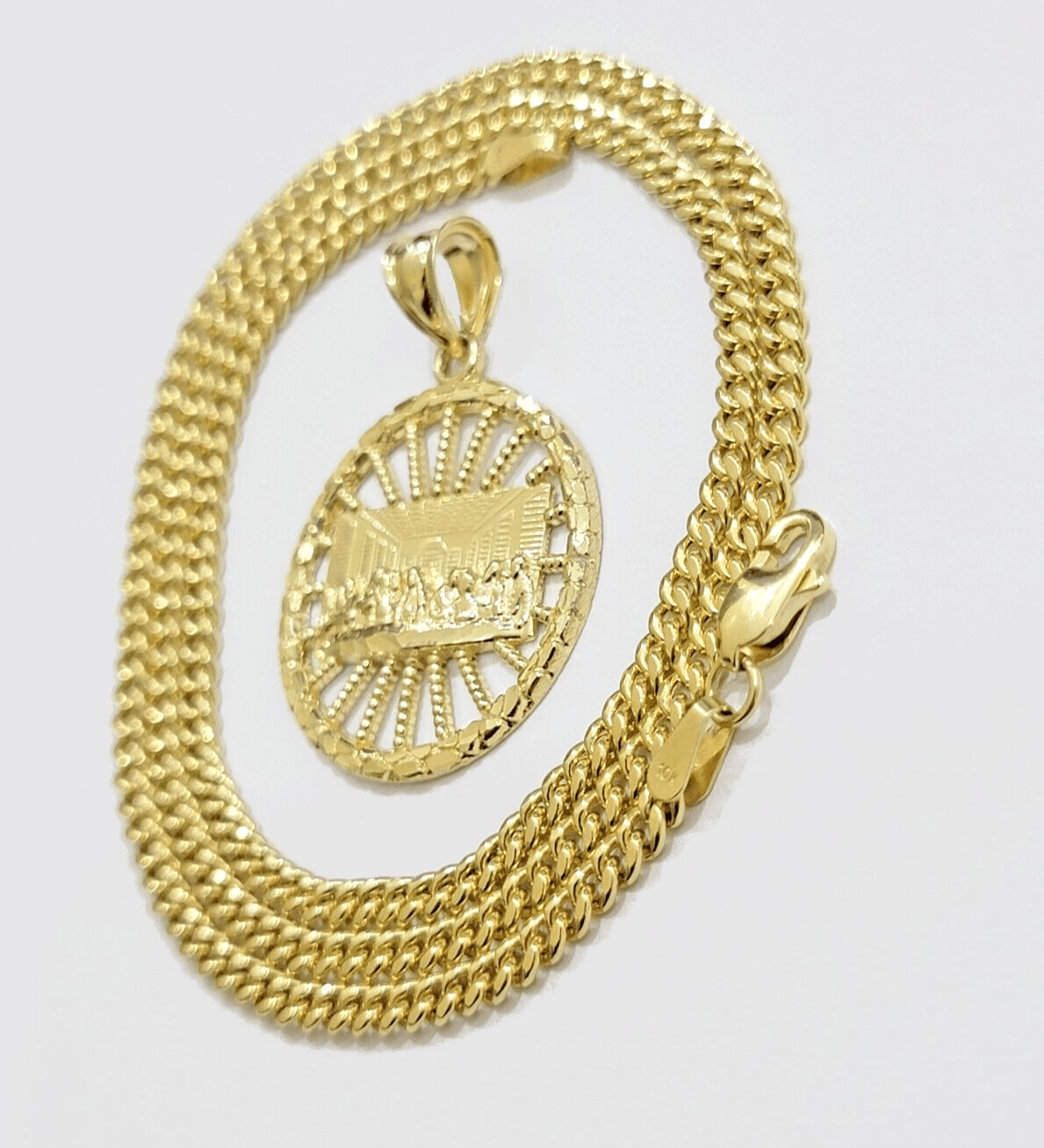 Real 10k Yellow Gold chain Charm Last supper Pendant set Miami Cuban 4mm 22 Inch - Reva Jeweler