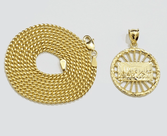 Real 10k Yellow Gold chain Charm Last supper Pendant set Miami Cuban 4mm 22 Inch - Reva Jeweler