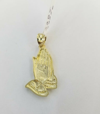 Real 10k Yellow Gold Chain & Charm Praying hand pendant , 22" 3mm Rope Necklace - Reva Jeweler