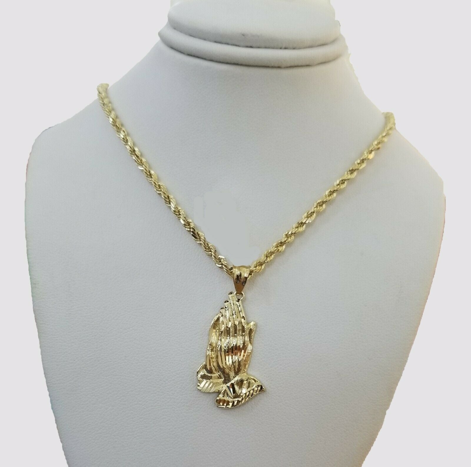 Real 10k Yellow Gold Chain & Charm Praying hand pendant , 22" 3mm Rope Necklace - Reva Jeweler