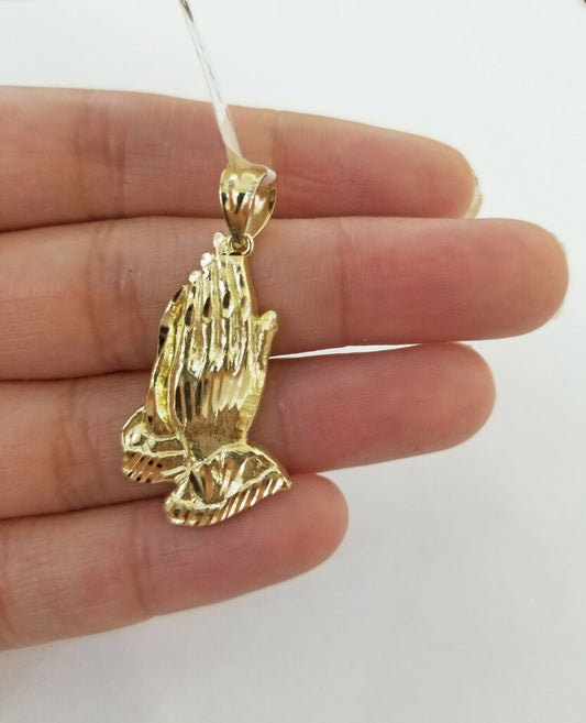 Real 10k Yellow Gold Chain & Charm Praying hand pendant , 24" 3mm Rope Necklace - Reva Jeweler