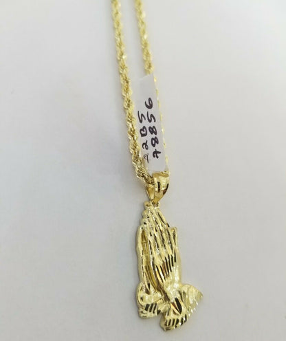 Real 10k Yellow Gold Chain & Charm Praying hand pendant , 26" 3mm Rope Necklace - Reva Jeweler