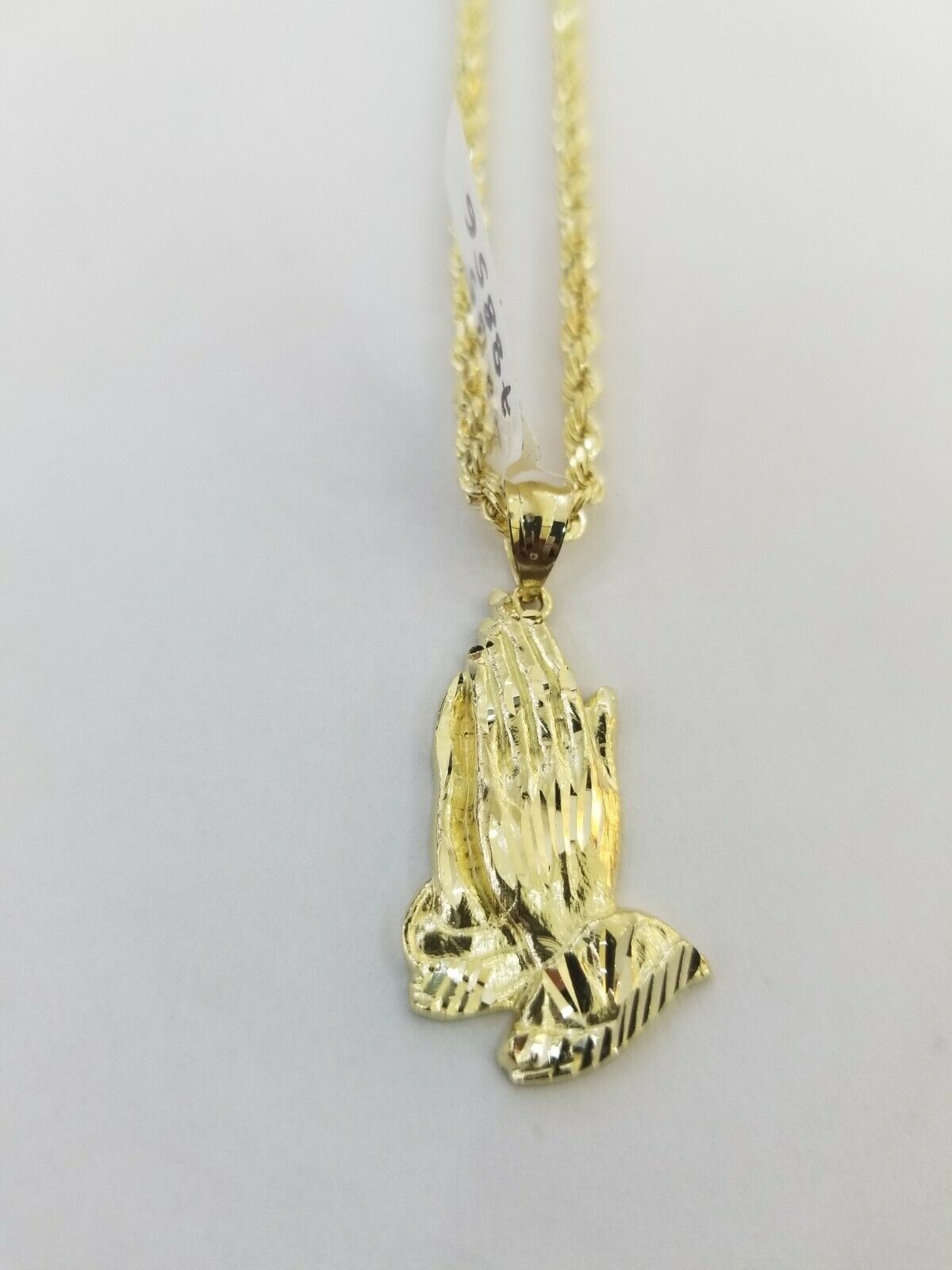 Real 10k Yellow Gold Chain & Charm Praying hand pendant , 26" 3mm Rope Necklace - Reva Jeweler