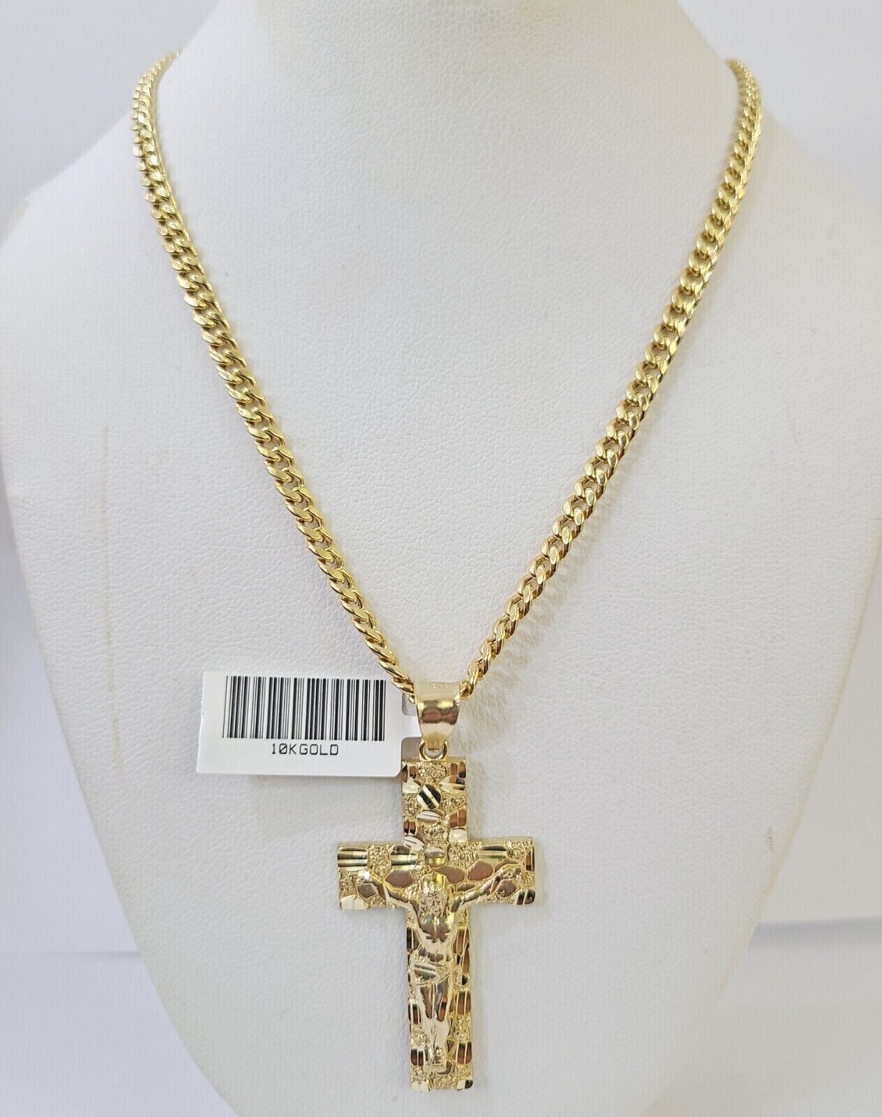 Real 10k Yellow Gold Chain Cross Charm Set 4mm Miami Cuban Link Necklace Pendant - Reva Jeweler