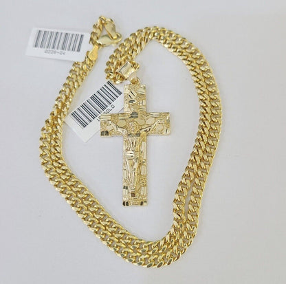 Real 10k Yellow Gold Chain Cross Charm Set 4mm Miami Cuban Link Necklace Pendant - Reva Jeweler
