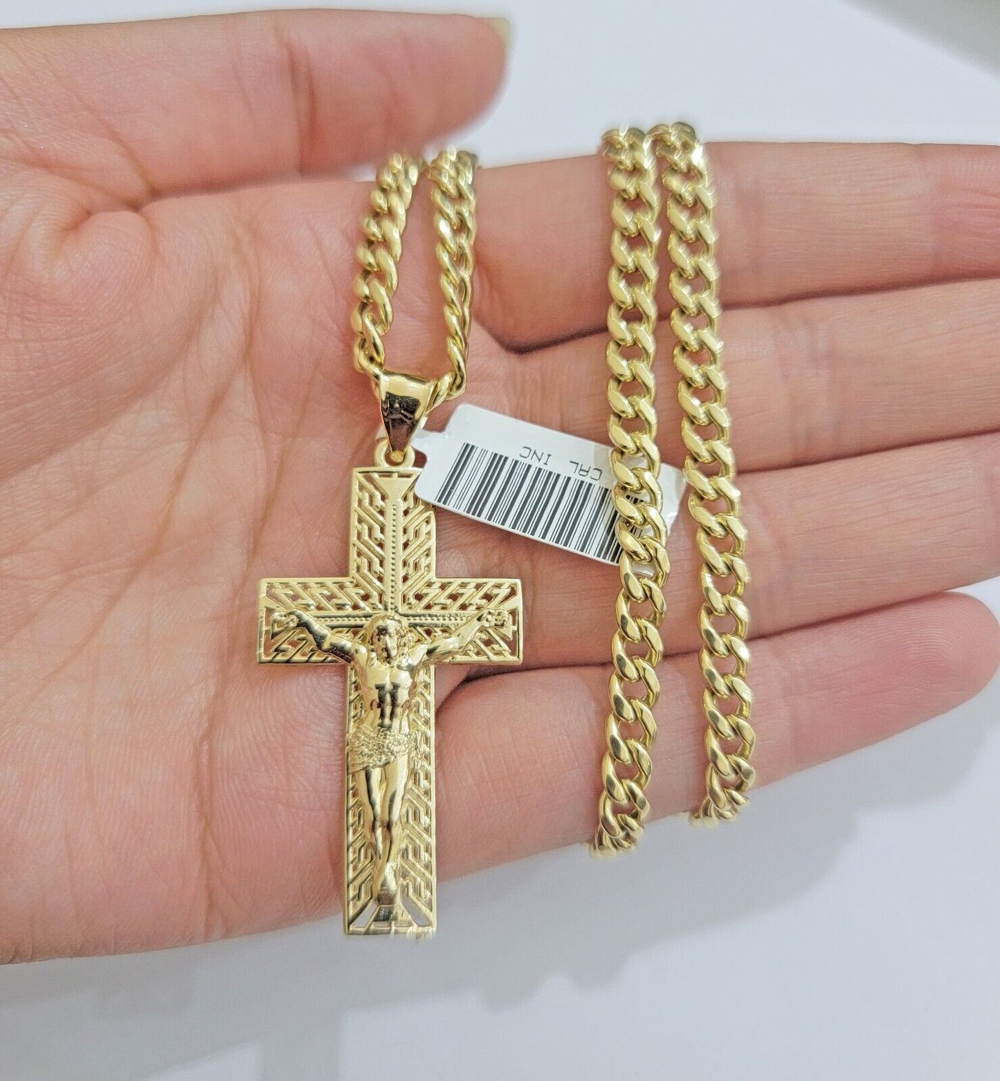 REAL 10k Yellow Gold Chain Cross Pendant Set Miami Cuban link Necklace 5mm 18 - 28 - Reva Jeweler