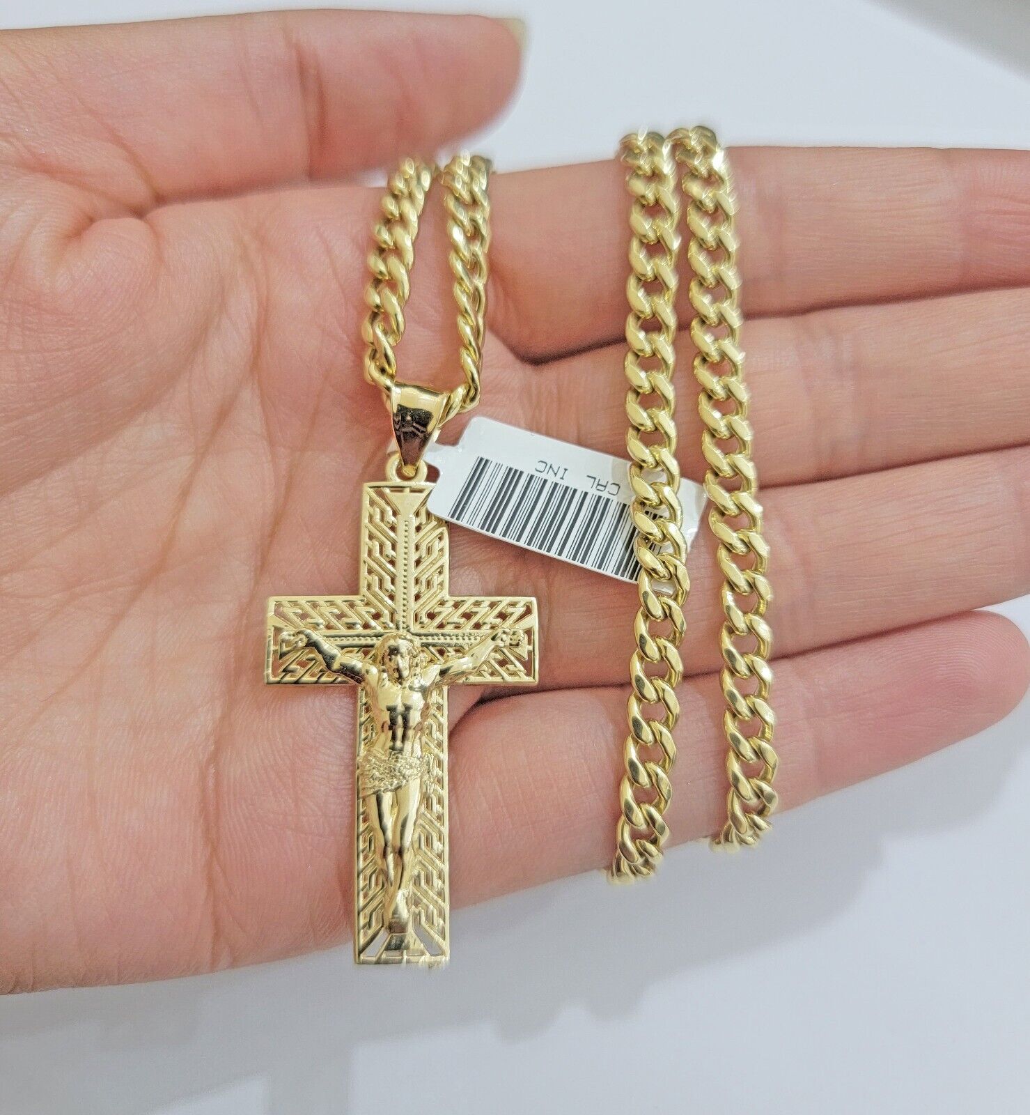 REAL 10k Yellow Gold Chain Cross Pendant Set Miami Cuban link Necklace 5mm 18 - 28 - Reva Jeweler