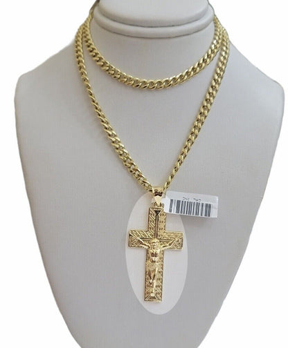 REAL 10k Yellow Gold Chain Cross Pendant Set Miami Cuban link Necklace 5mm 18 - 28 - Reva Jeweler