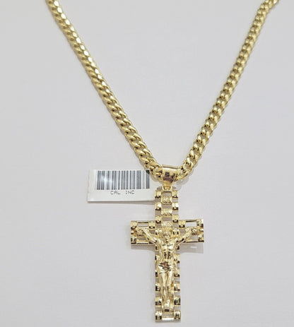 REAL 10k Yellow Gold Chain Cross Pendant Set Miami Cuban link Necklace 5mm 18 - 28 - Reva Jeweler