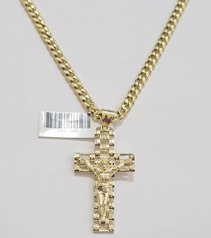 REAL 10k Yellow Gold Chain Cross Pendant Set Miami Cuban link Necklace 5mm 18 - 28 - Reva Jeweler