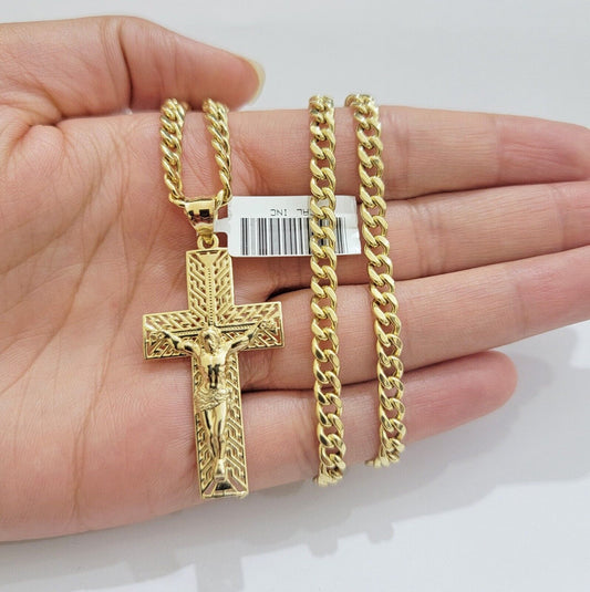REAL 10k Yellow Gold Chain Cross Pendant Set Miami Cuban link Necklace 5mm 18 - 28 - Reva Jeweler