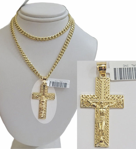 REAL 10k Yellow Gold Chain Cross Pendant Set Miami Cuban link Necklace 5mm 18 - 28 - Reva Jeweler