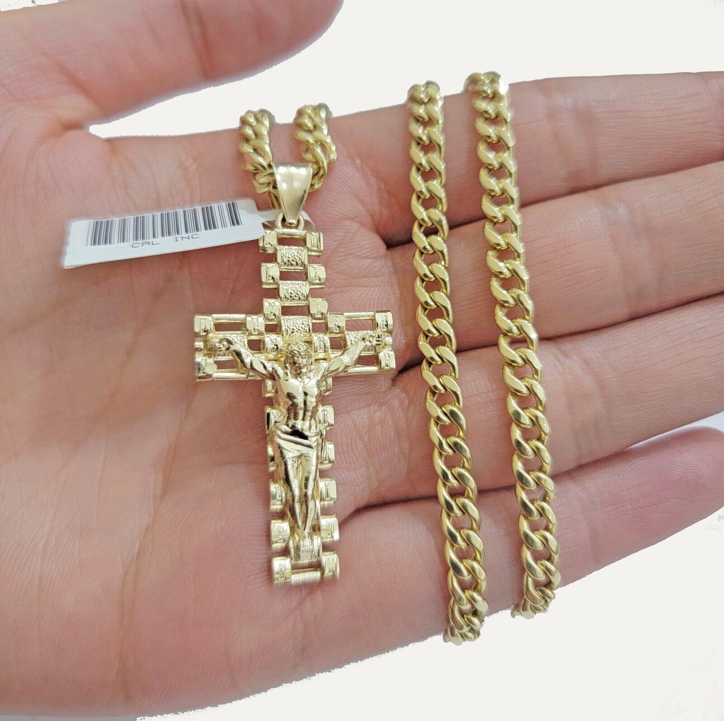 REAL 10k Yellow Gold Chain Cross Pendant Set Miami Cuban link Necklace 5mm 18 - 28 - Reva Jeweler