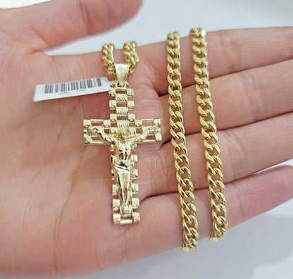 REAL 10k Yellow Gold Chain Cross Pendant Set Miami Cuban link Necklace 5mm 18 - 28 - Reva Jeweler
