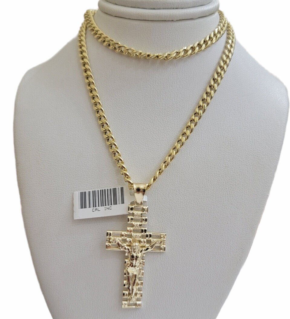 REAL 10k Yellow Gold Chain Cross Pendant Set Miami Cuban link Necklace 5mm 18 - 28 - Reva Jeweler