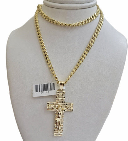 REAL 10k Yellow Gold Chain Cross Pendant Set Miami Cuban link Necklace 5mm 18 - 28 - Reva Jeweler