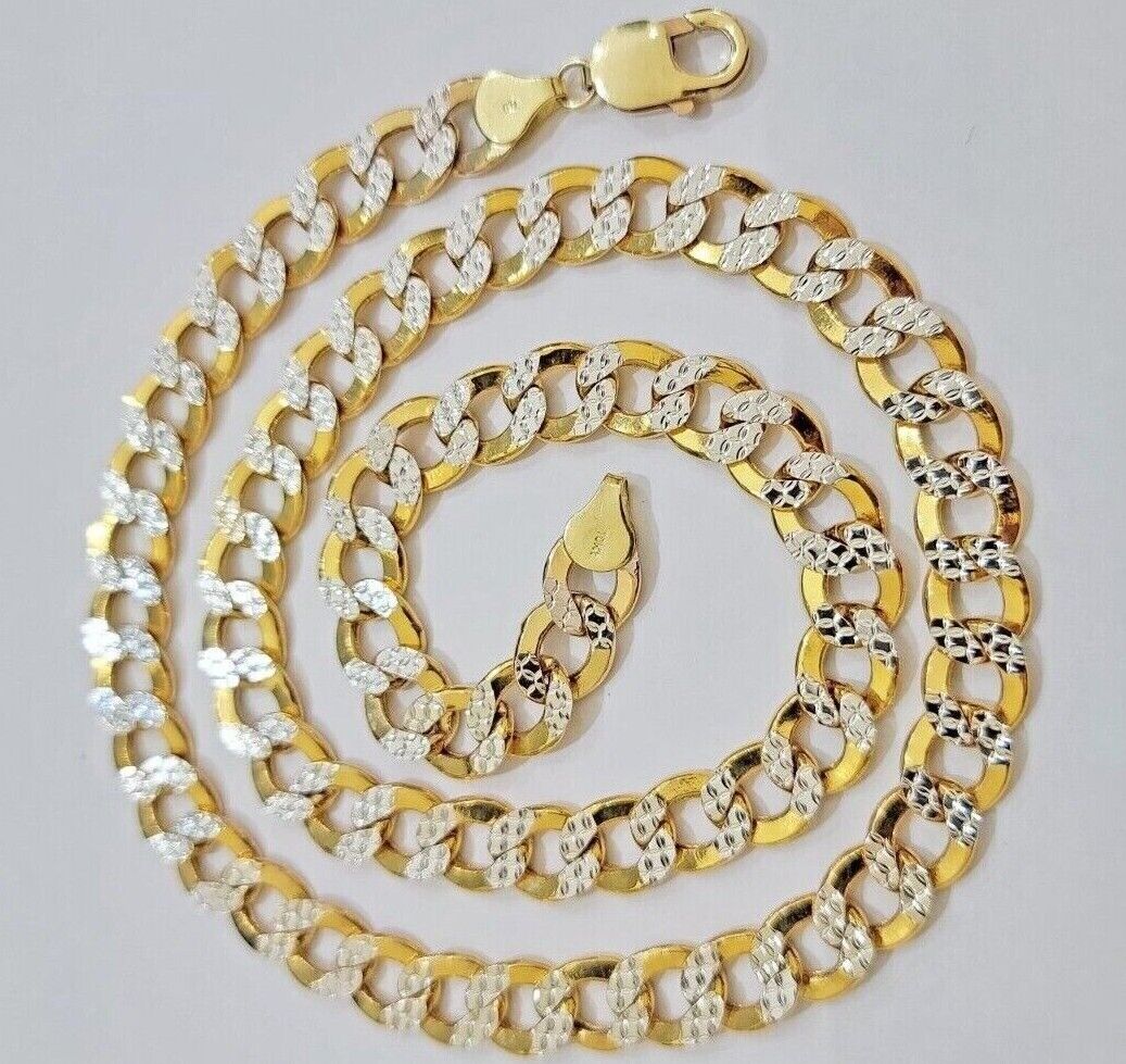 Real 10k Yellow Gold Chain Curb Link Necklace 10mm 18 - 30 Inch Diamond Cuts - Reva Jeweler