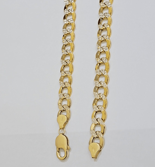 Real 10k Yellow Gold Chain Curb Link Necklace 10mm 22 Inch Diamond Cut Two - tone - Reva Jeweler