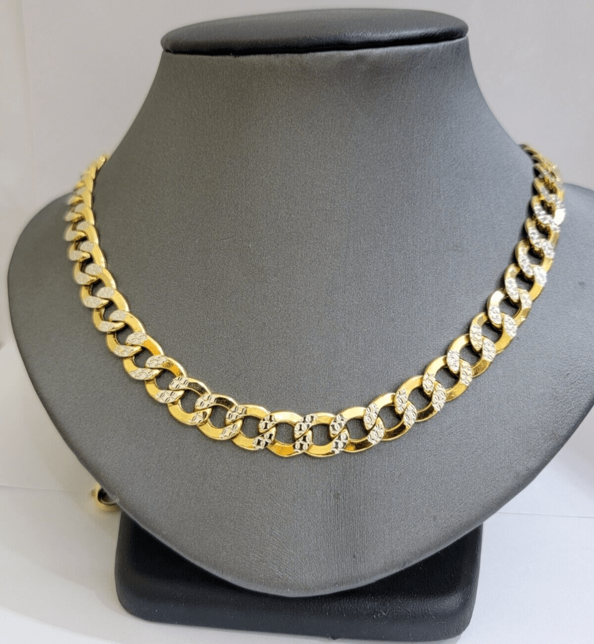 Real 10k Yellow Gold Chain Curb Link Necklace 10mm 22 Inch Diamond Cut Two - tone - Reva Jeweler