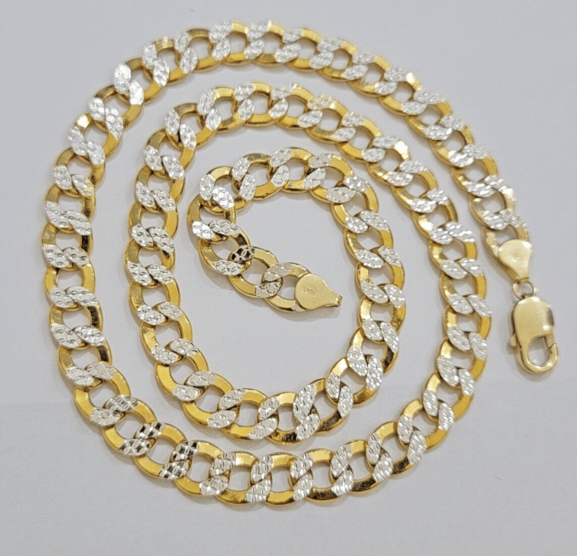 Real 10k Yellow Gold Chain Curb Link Necklace 10mm 22 Inch Diamond Cut Two - tone - Reva Jeweler