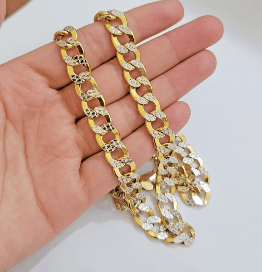 Real 10k Yellow Gold Chain Curb Link Necklace 10mm 24 Inch Diamond Cut Two - tone - Reva Jeweler