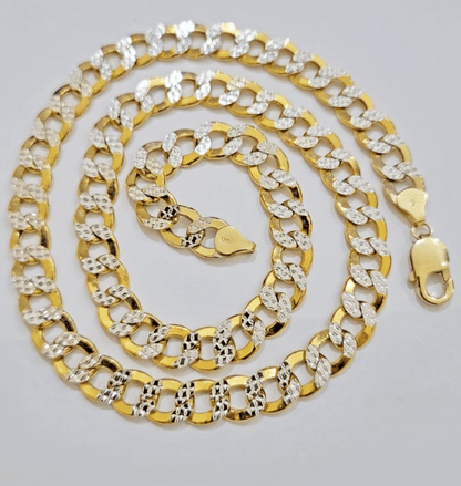 Real 10k Yellow Gold Chain Curb Link Necklace 10mm 28 Inch Diamond Cut Two - tone - Reva Jeweler