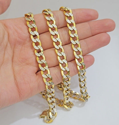 Real 10k Yellow Gold Chain Curb Link Necklace 8mm 18 - 30 Inch Diamond Cut Twotone - Reva Jeweler