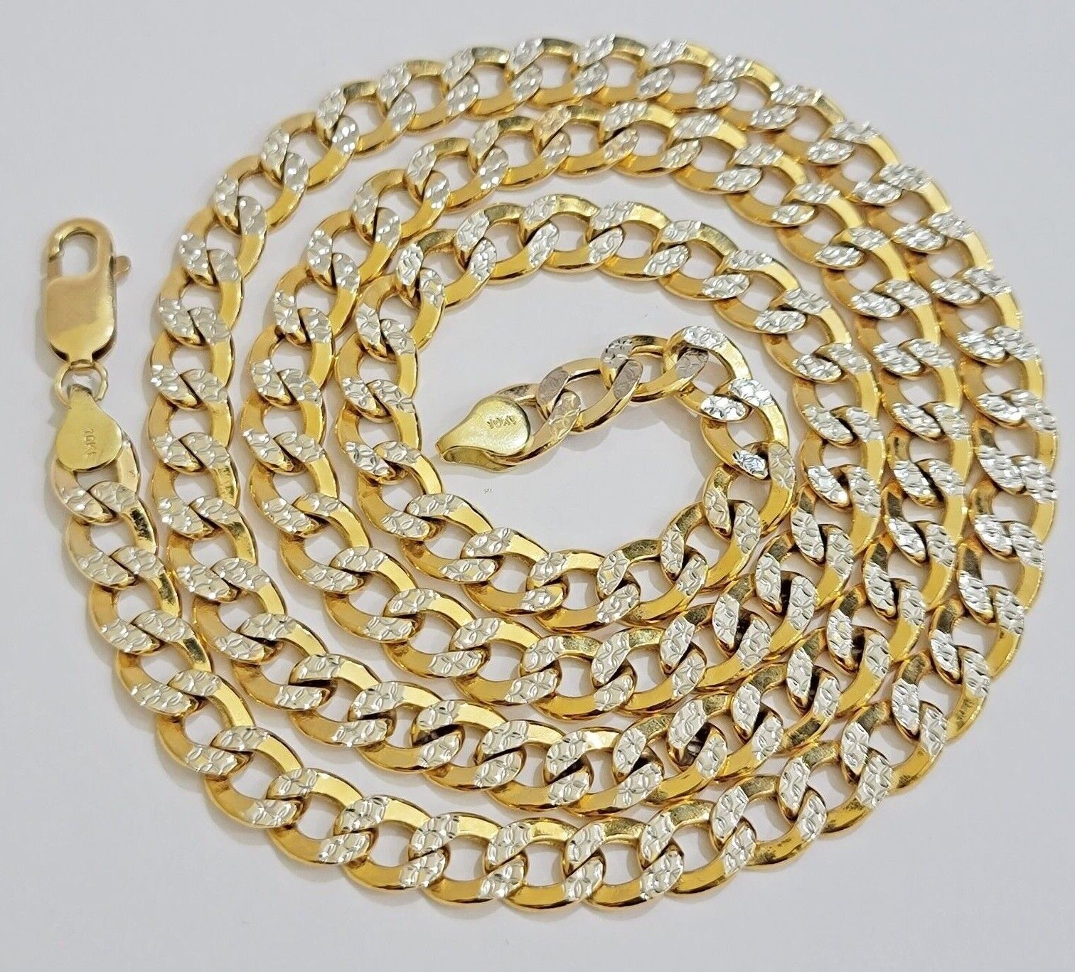 Real 10k Yellow Gold Chain Curb Link Necklace 8mm 18 - 30 Inch Diamond Cut Twotone - Reva Jeweler