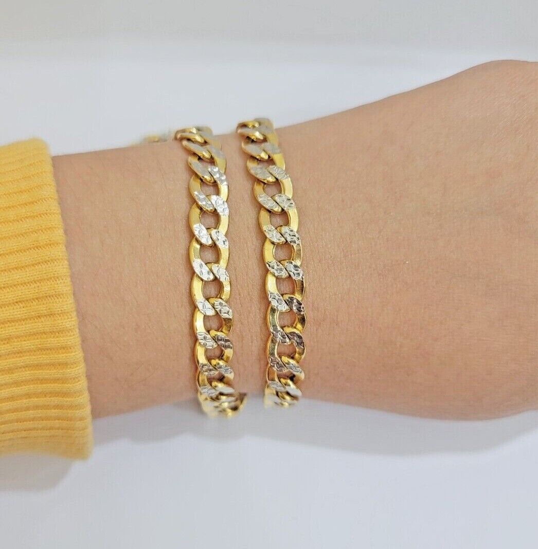 Real 10k Yellow Gold Chain Curb Link Necklace 8mm 18 - 30 Inch Diamond Cut Twotone - Reva Jeweler