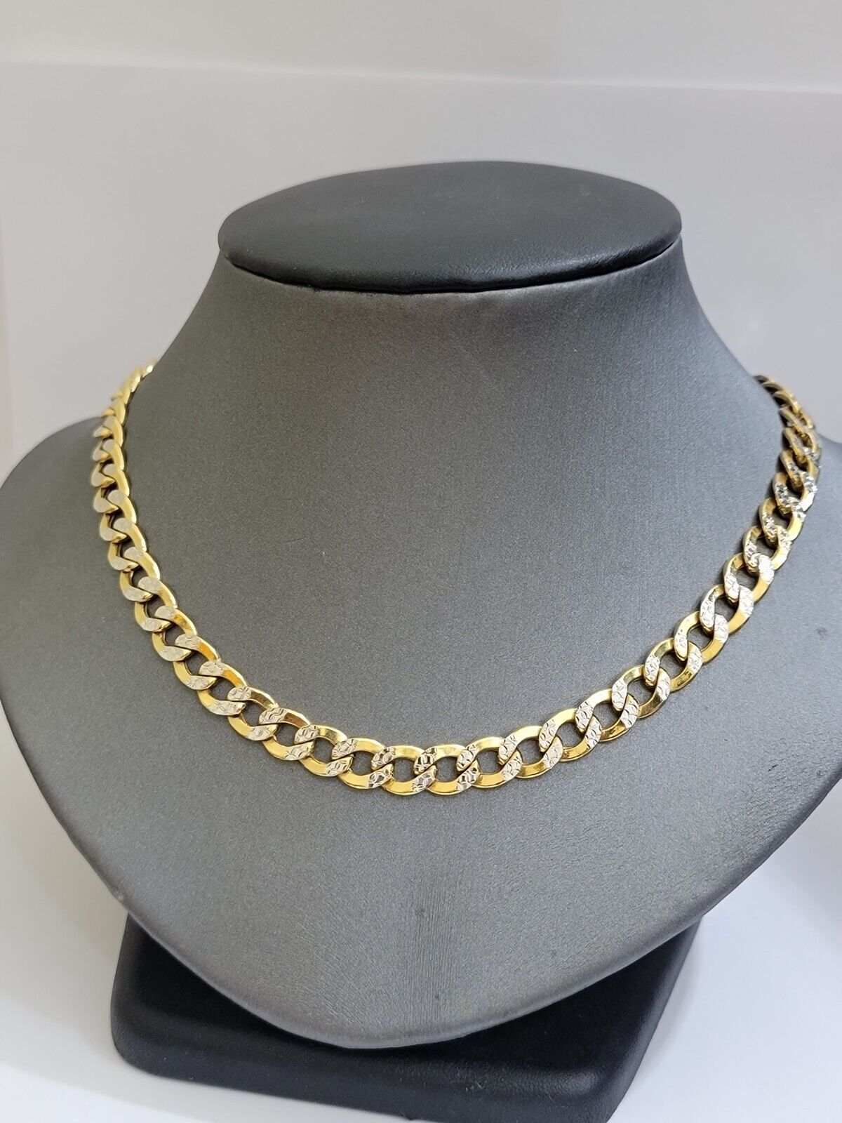 Real 10k Yellow Gold Chain Curb Link Necklace 8mm 18 Inch Diamond Cut Two - tone - Reva Jeweler