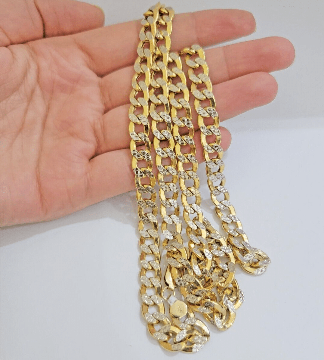 Real 10k Yellow Gold Chain Curb Link Necklace 8mm 18 Inch Diamond Cut Two - tone - Reva Jeweler