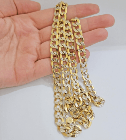 Real 10k Yellow Gold Chain Curb Link Necklace 8mm 18 Inch Diamond Cut Two - tone - Reva Jeweler