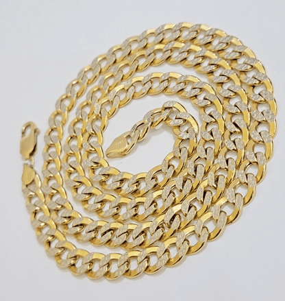 Real 10k Yellow Gold Chain Curb Link Necklace 8mm 18 Inch Diamond Cut Two - tone - Reva Jeweler