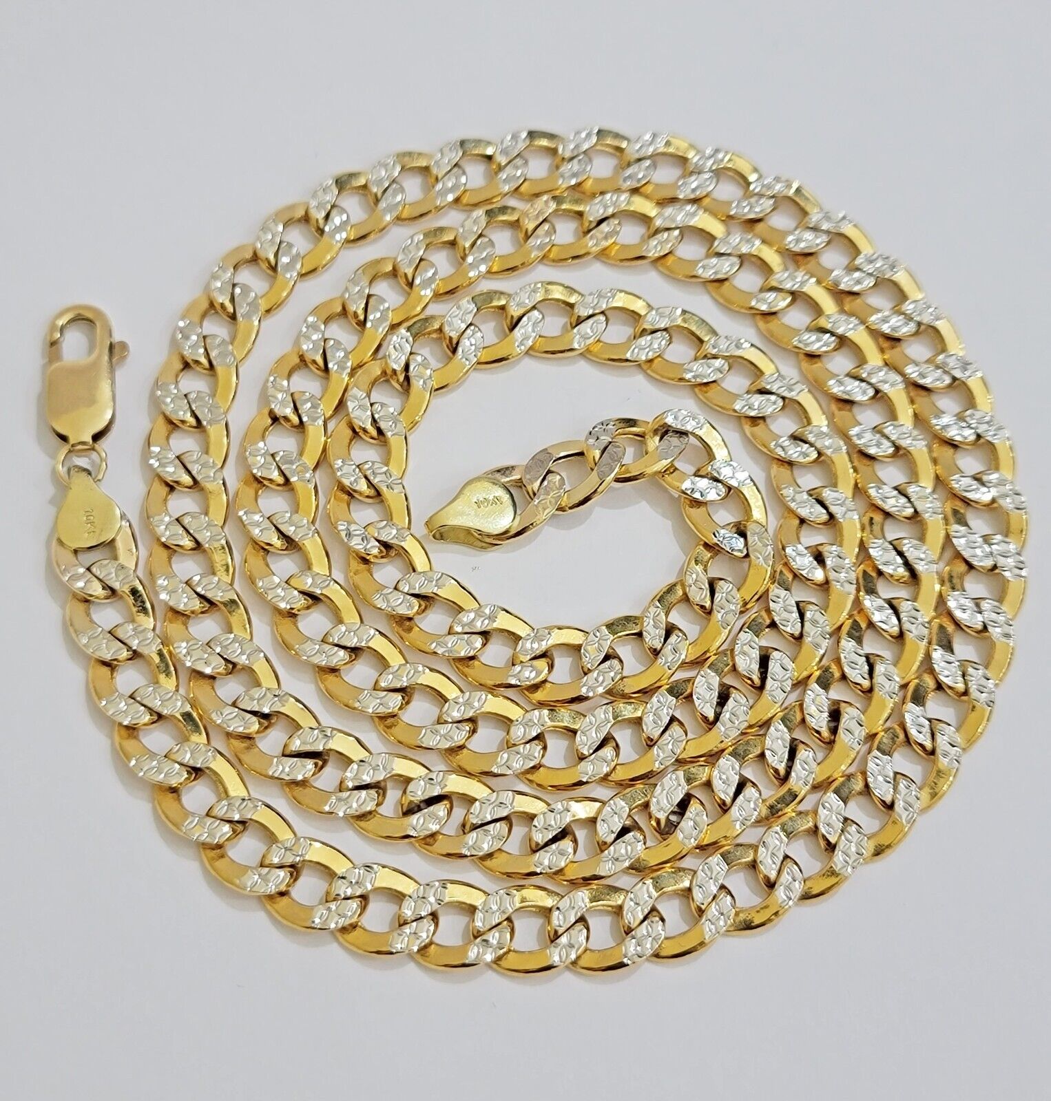 Real 10k Yellow Gold Chain Curb Link Necklace 8mm 18 Inch Diamond Cut Two - tone - Reva Jeweler