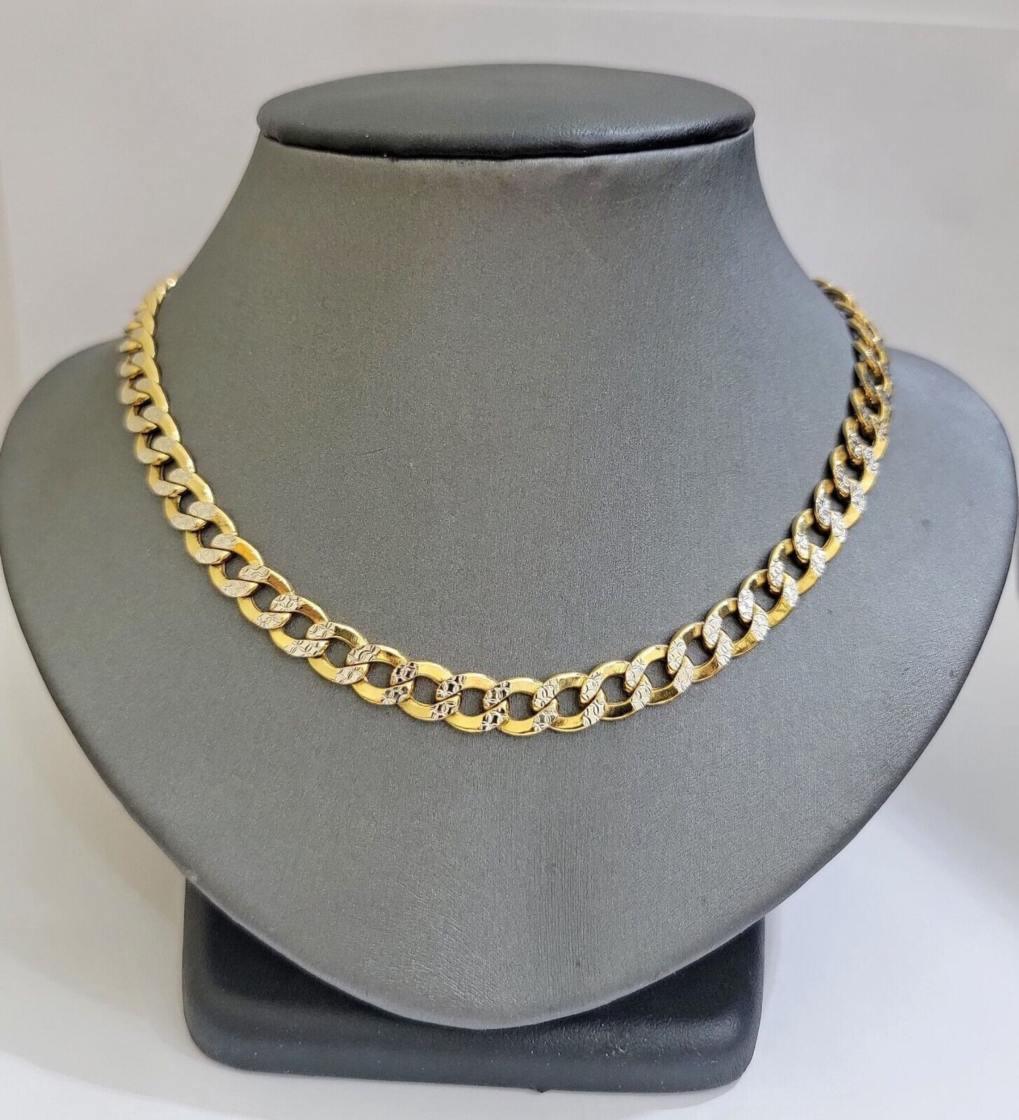 Real 10k Yellow Gold Chain Curb Link Necklace 8mm 18 Inch Diamond Cut Two - tone - Reva Jeweler