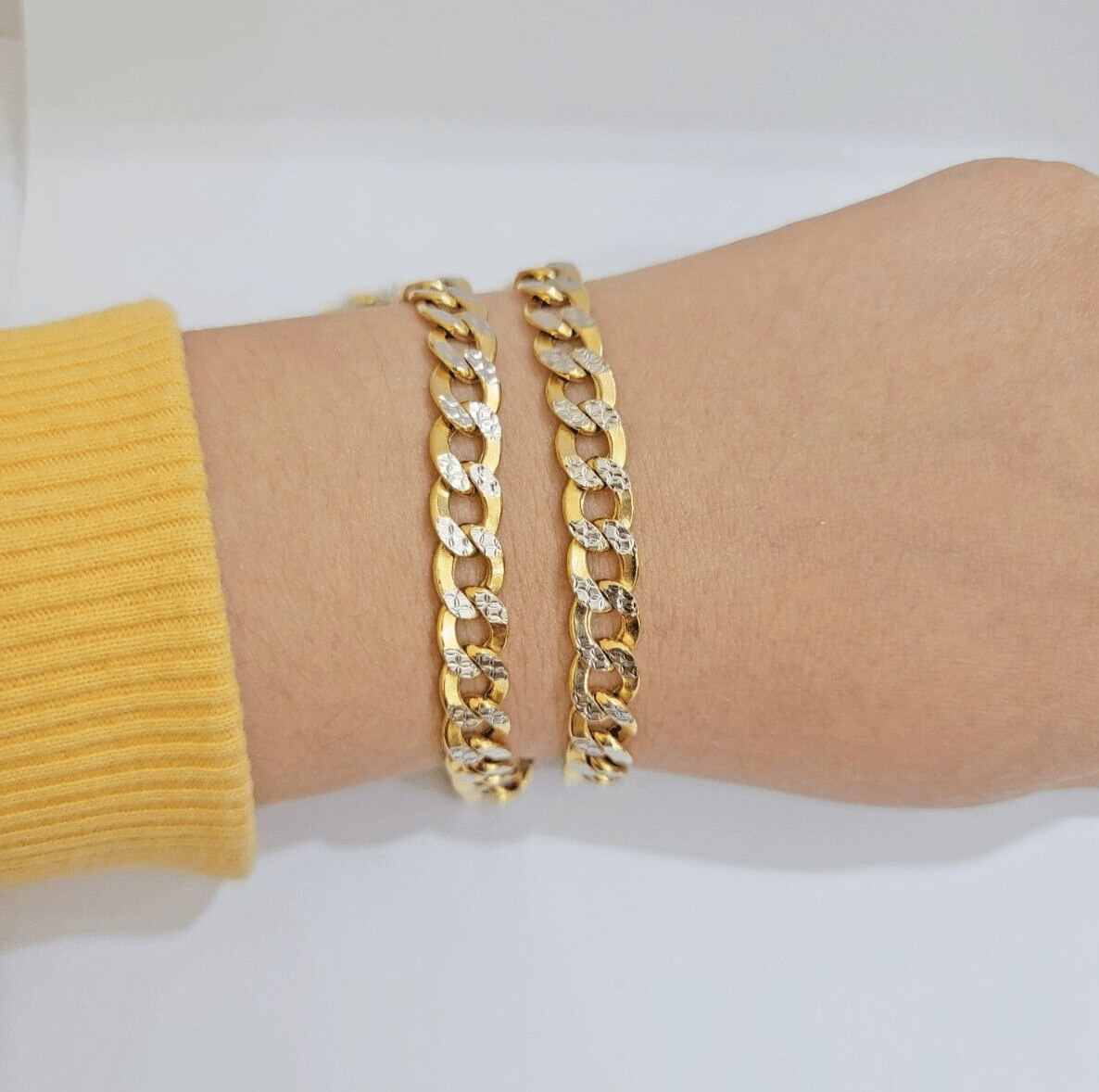 Real 10k Yellow Gold Chain Curb Link Necklace 8mm 18 Inch Diamond Cut Two - tone - Reva Jeweler