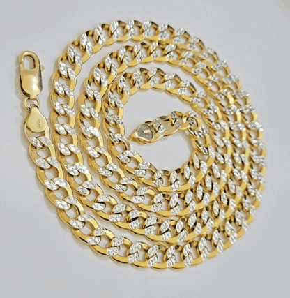 Real 10k Yellow Gold Chain Curb Link Necklace 8mm 18 Inch Diamond Cut Two - tone - Reva Jeweler