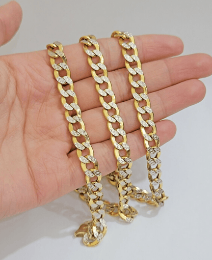 Real 10k Yellow Gold Chain Curb Link Necklace 8mm 18 Inch Diamond Cut Two - tone - Reva Jeweler