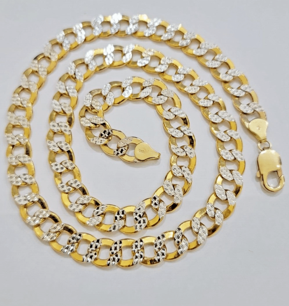 Real 10k Yellow Gold Chain Curb Link Necklace 8mm 20 Inch Diamond Cut Two - tone - Reva Jeweler