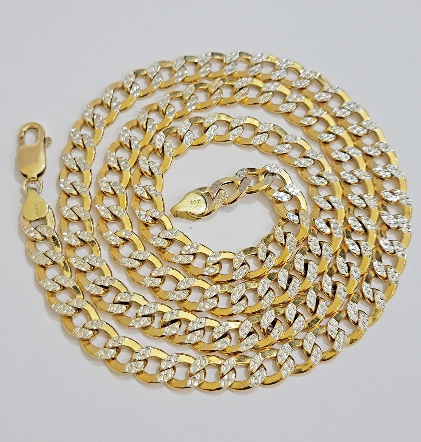 Real 10k Yellow Gold Chain Curb Link Necklace 8mm 22 Inch Diamond Cut Two - tone - Reva Jeweler