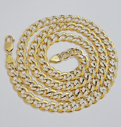 Real 10k Yellow Gold Chain Curb Link Necklace 8mm 22 Inch Diamond Cut Two - tone - Reva Jeweler