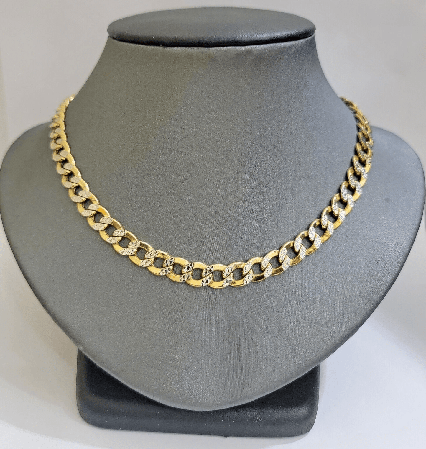 Real 10k Yellow Gold Chain Curb Link Necklace 8mm 22 Inch Diamond Cut Two - tone - Reva Jeweler